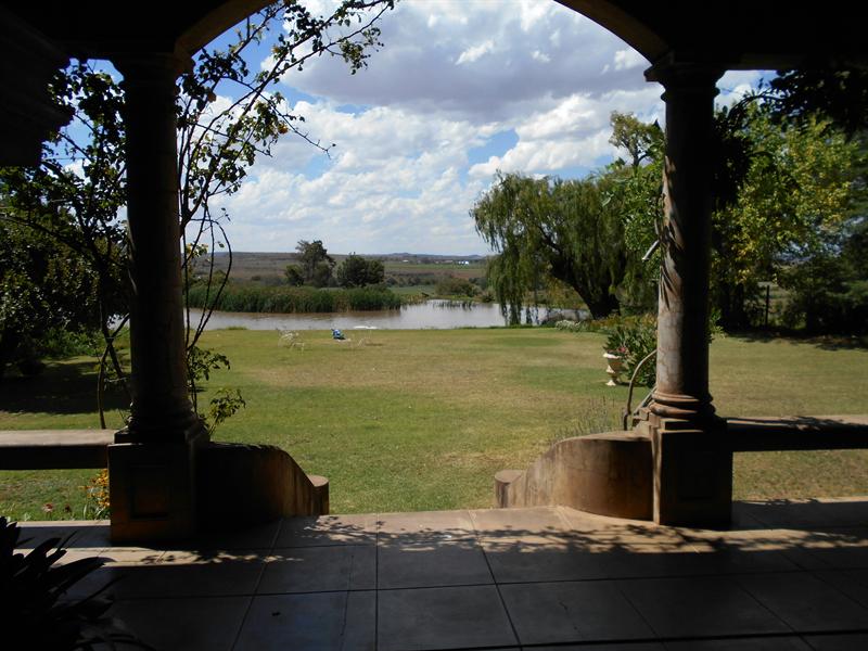 The view from under the verandah arches, across the lawn to the dam and its willows
